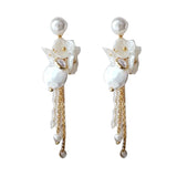 French Romantic Pearl Tassel Clip Earrings Fresh Flower Long Clip Ons