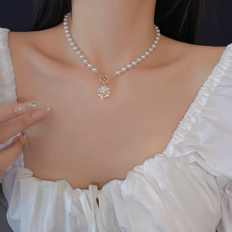 French Romantic Style Flowers Necklaces for Women Vintage Pearl Bohemian