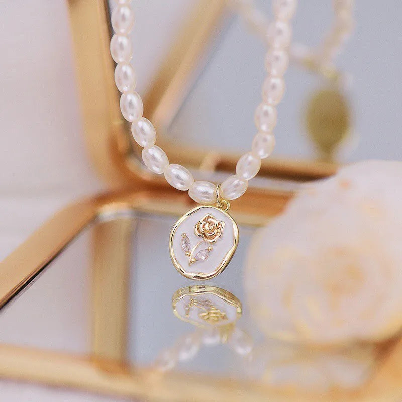 French Romantic Tulip Pearl Necklace 14K Real Clavicle Chain Jewelry