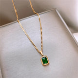 French High Retro Green Titanium Steel Square Zircon Necklace