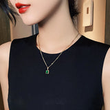 French High Retro Green Titanium Steel Square Zircon Necklace