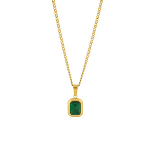French High Retro Green Titanium Steel Square Zircon Necklace