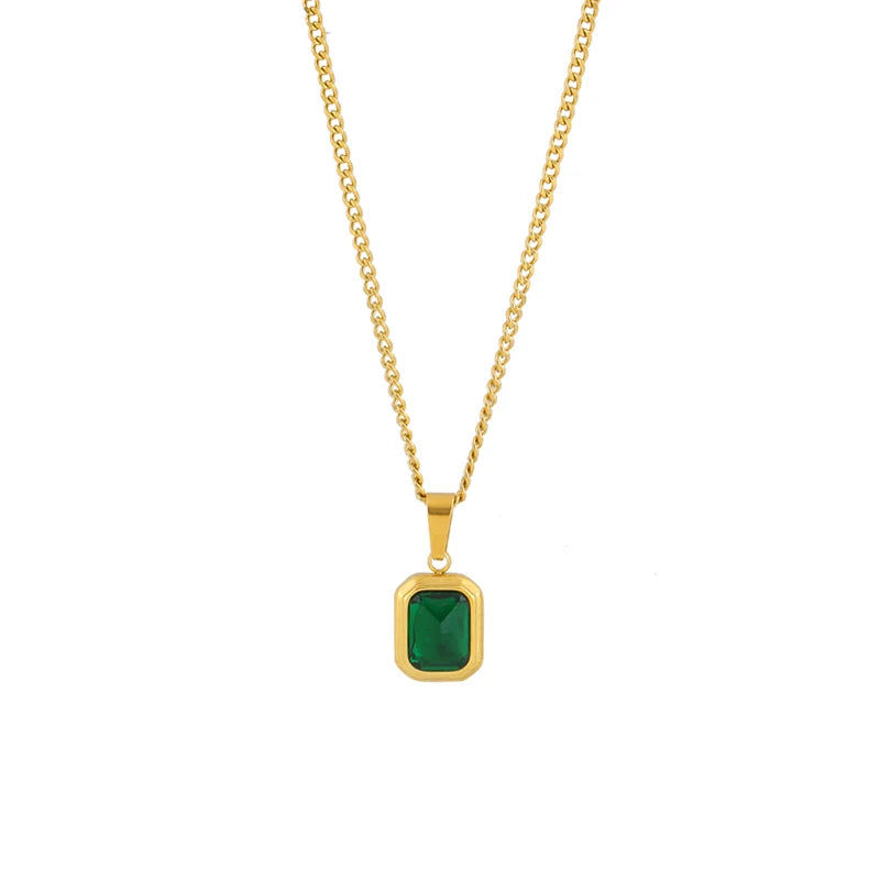 French High Retro Green Titanium Steel Square Zircon Necklace