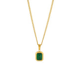 French High Retro Green Titanium Steel Square Zircon Necklace
