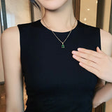 French High Retro Green Titanium Steel Square Zircon Necklace