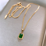 French High Retro Green Titanium Steel Square Zircon Necklace