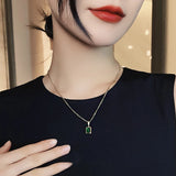French High Retro Green Titanium Steel Square Zircon Necklace