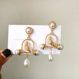French Statement Palace Bird In Cage Clip on Earrings Vintage Baroque Pearl