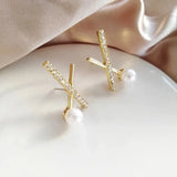 French Style Geometry Pearl Earrings Letter X Sweet Pearl Earrings