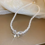 French Style Vintage Pearl Necklace Women Bowknot Zircon Clavicle Chain