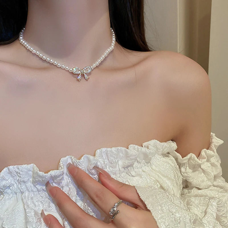 French Style Vintage Pearl Necklace Women Bowknot Zircon Clavicle Chain