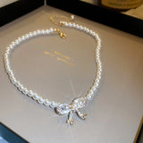 French Style Vintage Pearl Necklace Women Bowknot Zircon Clavicle Chain
