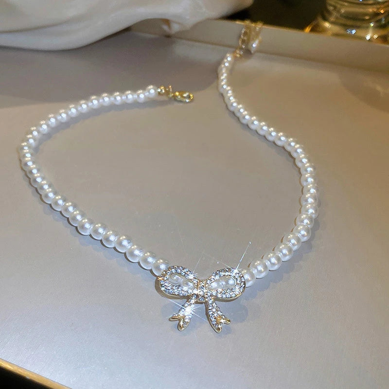 French Style Vintage Pearl Necklace Women Bowknot Zircon Clavicle Chain