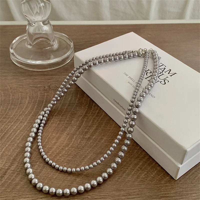 French Vintage Grey Pearls Necklace Women Choker Party Jewelry