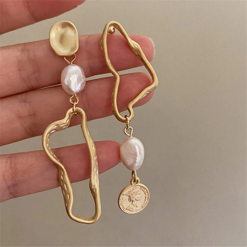 French Vintage High Baroque Asymmetrical Matte Pearl Earrings for Women