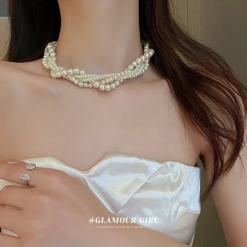 French Vintage Layered Pearl Necklace Choker for Women