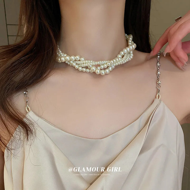 French Vintage Layered Pearl Necklace Choker for Women