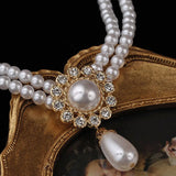 French Vintage Rhinestone Double Pearl Choker Necklace Charm Wedding Pendant