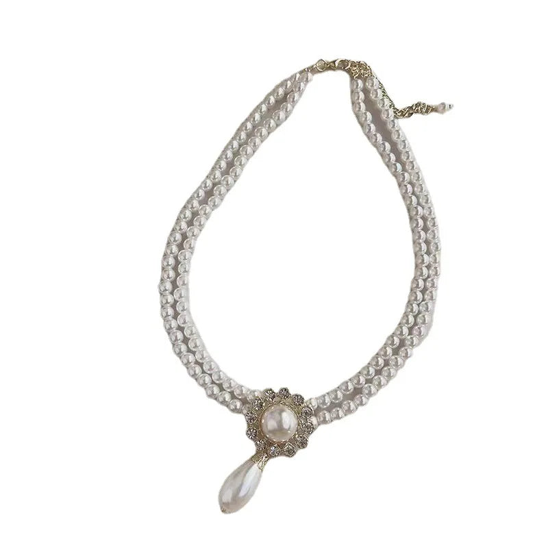 French Vintage Rhinestone Double Pearl Choker Necklace Charm Wedding Pendant