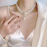 French Vintage Rhinestone Double Pearl Choker Necklace Charm Wedding Pendant