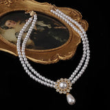French Vintage Rhinestone Double Pearl Choker Necklace Charm Wedding Pendant