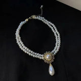 French Vintage Rhinestone Double Pearl Choker Necklace Charm Wedding Pendant