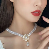 French Vintage Rhinestone Double Pearl Choker Necklace Charm Wedding Pendant