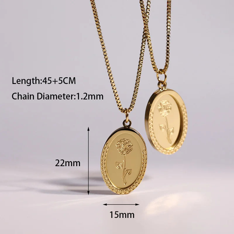 French Vintage Rose Pendant Necklace Stainless Steel Box Chain Jewelry