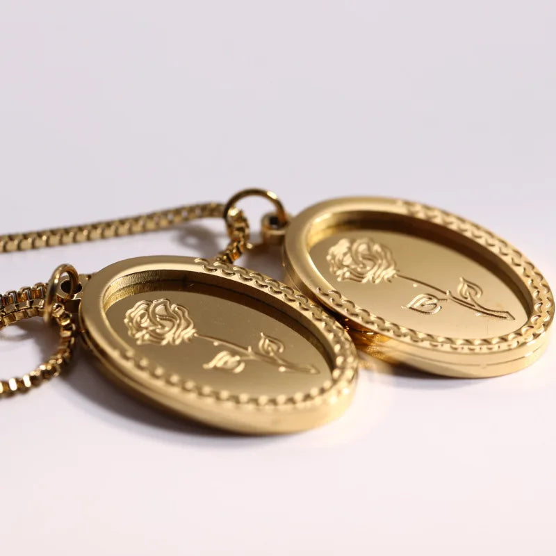 French Vintage Rose Pendant Necklace Stainless Steel Box Chain Jewelry