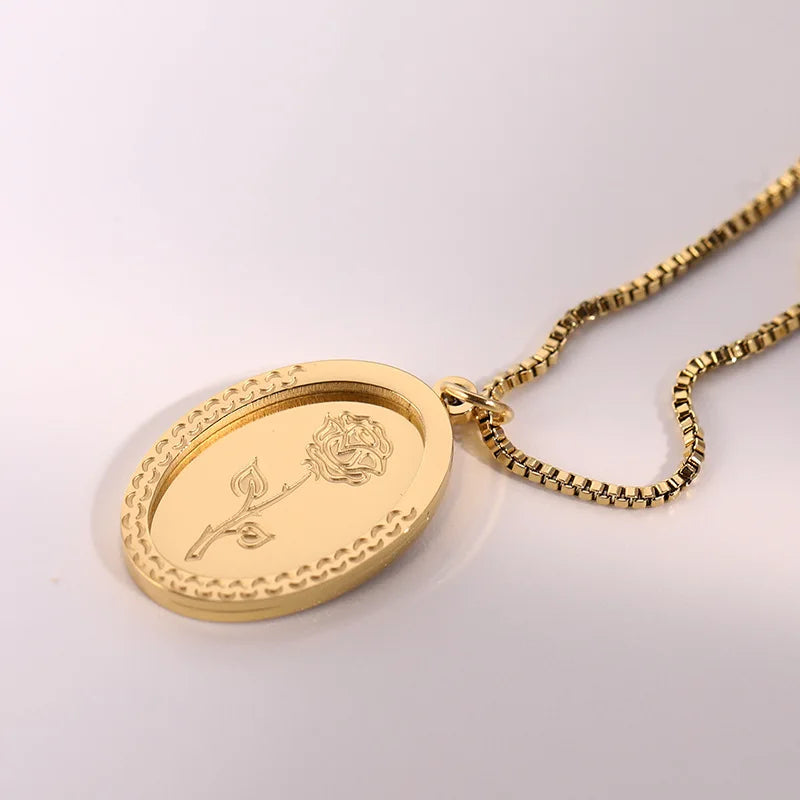 French Vintage Rose Pendant Necklace Stainless Steel Box Chain Jewelry