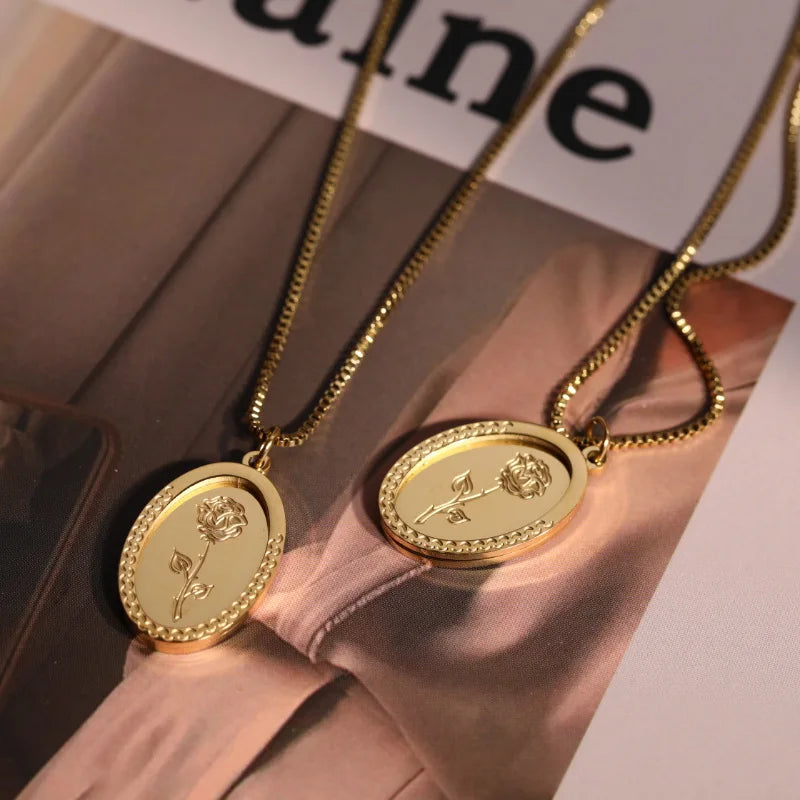 French Vintage Rose Pendant Necklace Stainless Steel Box Chain Jewelry
