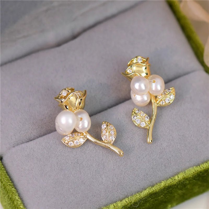 French Vintage Rose Earrings Autumn and Winter Natural Pearl and Women Earring