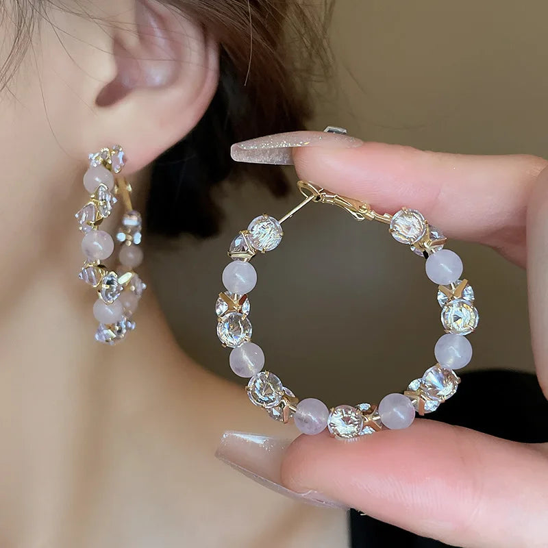 French Vintage Zircon Pearl Circle Hoop Earrings for Women