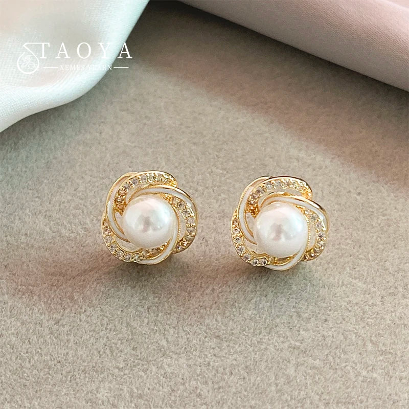 French Zircon Pearl Flower Earrings Christmas Party Women's Jewelry