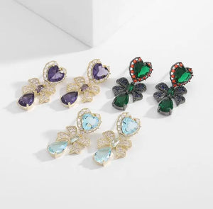 French Retro Earrings Zircon Inlaid High-End Love Bow Drop Jewelry