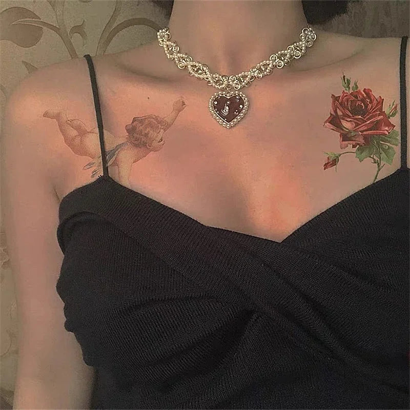 French Retro Wind Pearl Oil Love Necklace Peach Heart Clavicle Chain