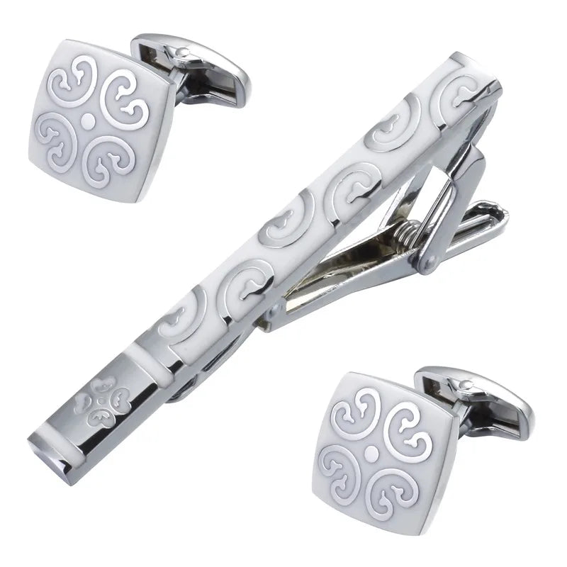 French Enamel Cufflinks Silvery Tie Clip Suit Accessories