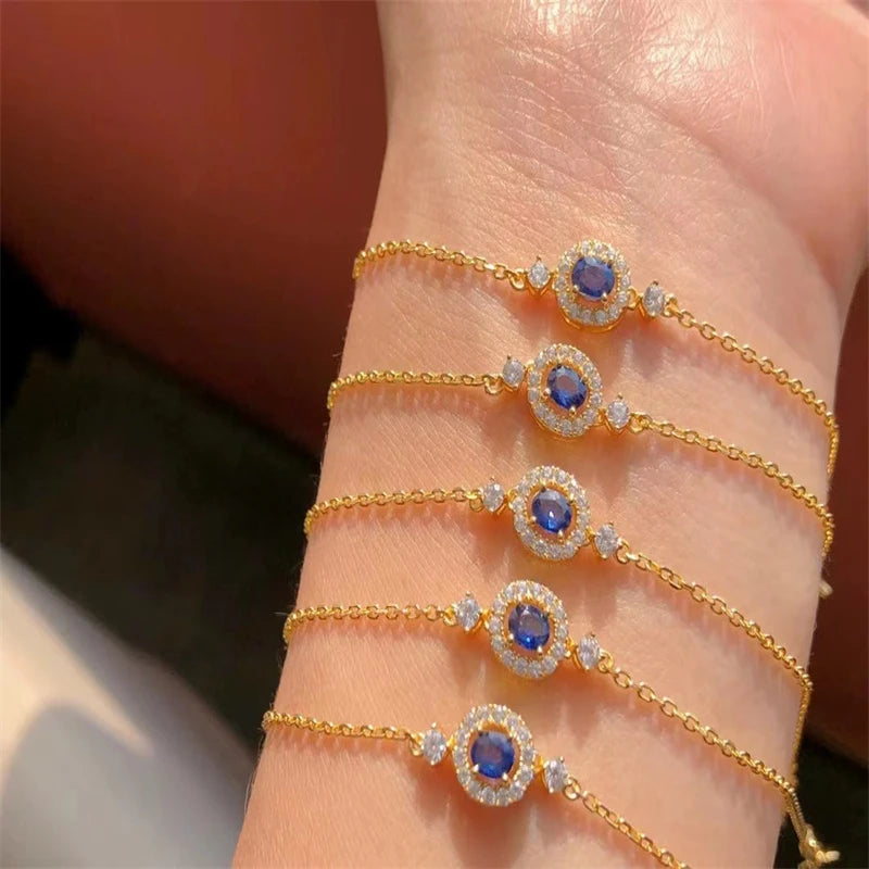 French 18k Gold-Plated Sapphire Bracelet Retro 925 Sterling Silver Jewelry