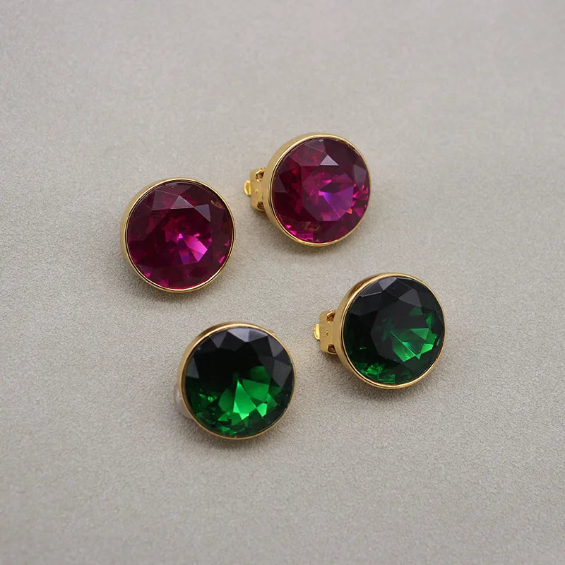 Vintage Sweet Rose Red Rhinestone Round Earclip Retro Large Jewelry