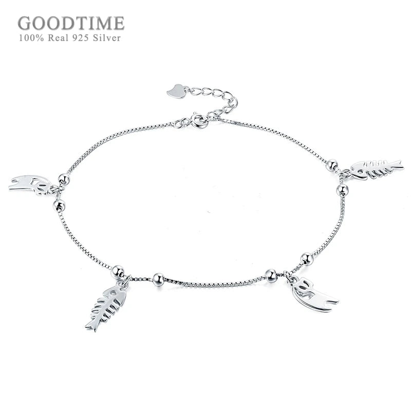 925 Sterling Silver Anklet Cat And Fish Bone Bead Anklet For Women