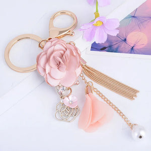 Pink Flower Tassel Chain Car Keychain Petal Pearls Keyring Women Bag Pendant