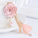 Pink Flower Tassel Chain Car Keychain Petal Pearls Keyring Women Bag Pendant