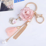 Pink Flower Tassel Chain Car Keychain Petal Pearls Keyring Women Bag Pendant