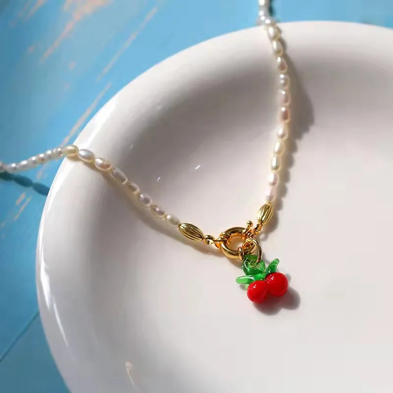 Fresh Water Pearl Necklace Charm Chain for Women Choker Liuli Cherry Pendant