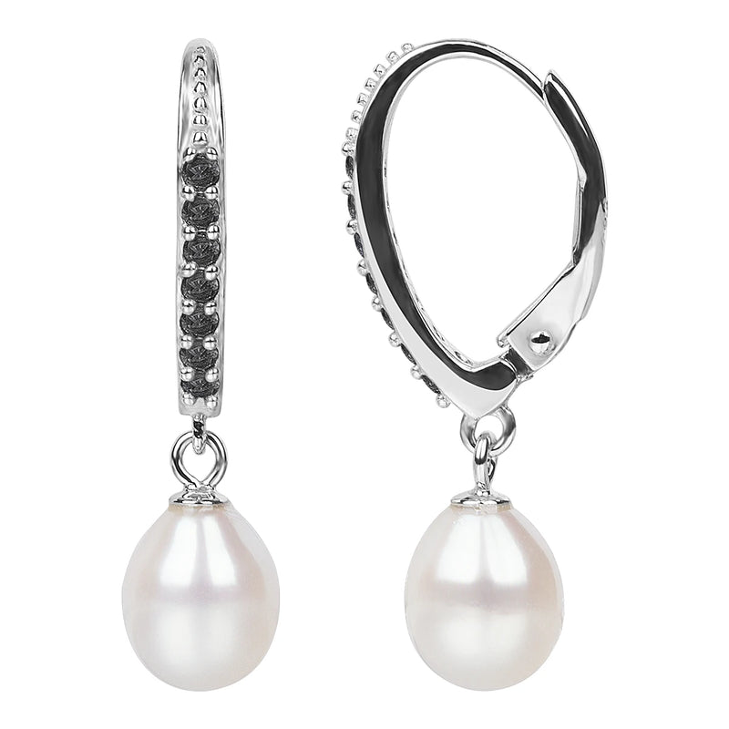 Pearl Drop Earrings Sterling Silver Leverback CZ Paved for Women