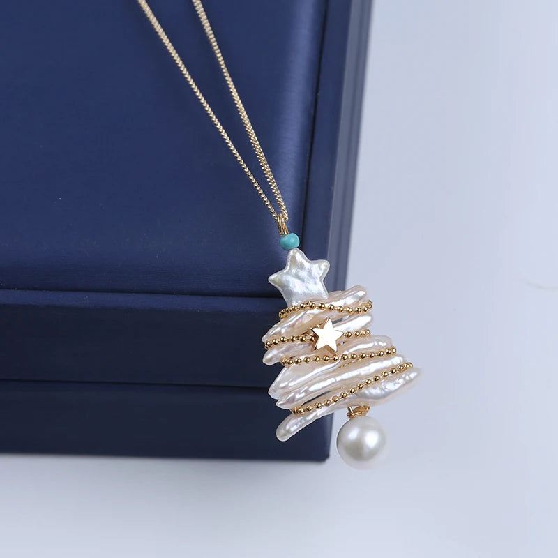 Biwa Potato Pearl Necklace Freshwater Natural Christmas Tree Shape