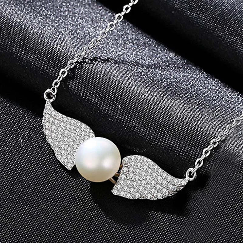 Freshwater Pearl 925 Silver Angel Wing Pendant Necklace Pearl Fine Jewelry