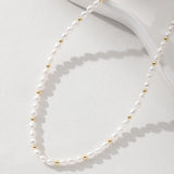 Freshwater Pearl&Gold Bead Necklace 925 Silver 18K Plated Chain For Women