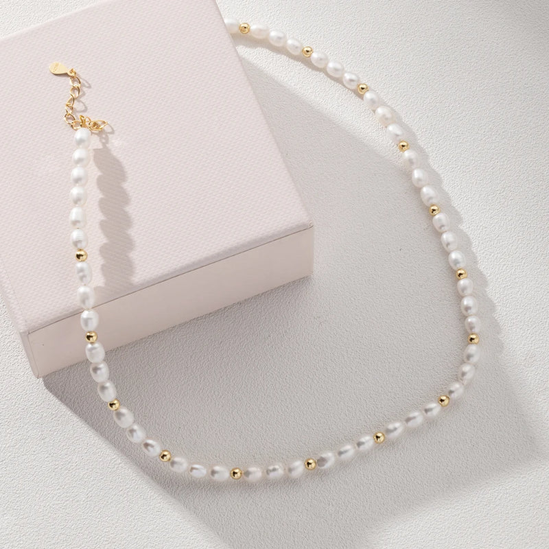 Freshwater Pearl&Gold Bead Necklace 925 Silver 18K Plated Chain For Women