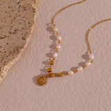 Freshwater Pearl Beads Chain Stainless Steel Necklace Optimistic Sun Pendant Nec